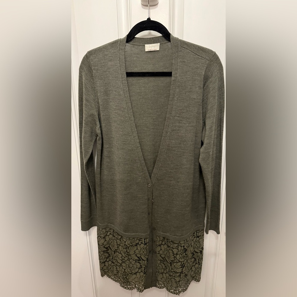 Wrap London Long 100% Merino Wool Olive Green Lace Hem Cardigan